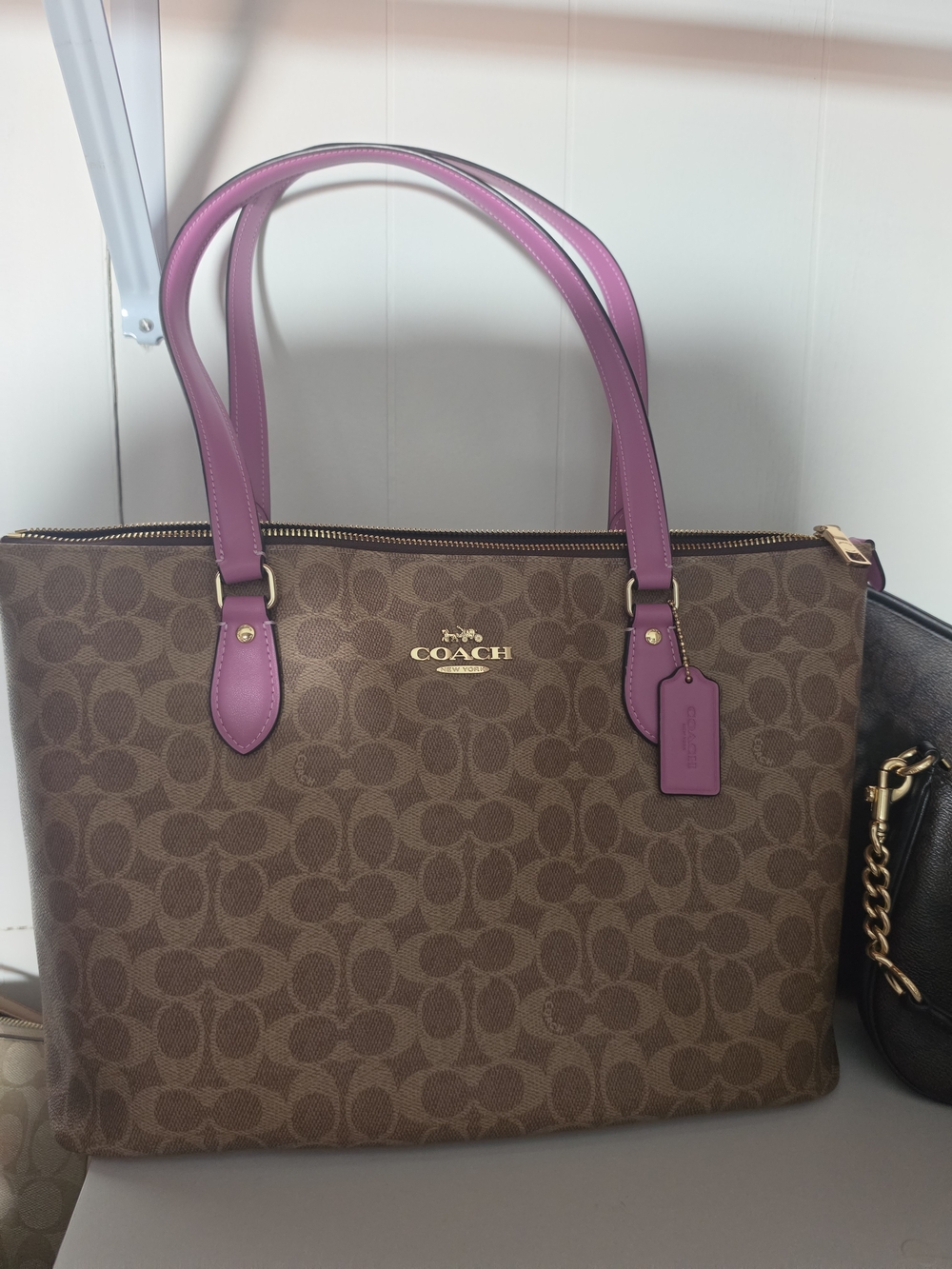 Coach Brown Signature Tote with Pink Handles